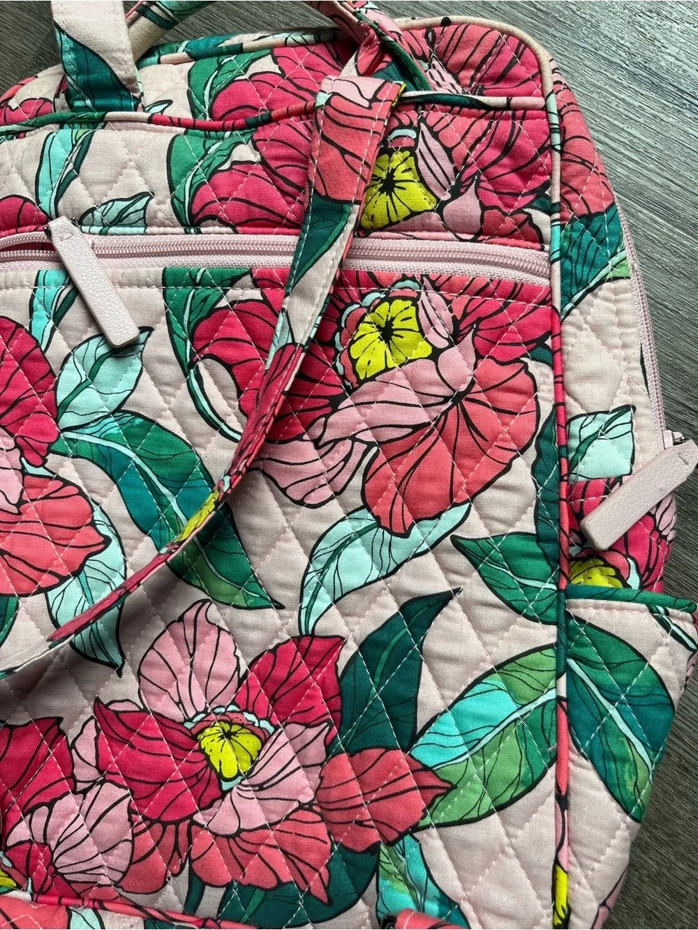 Vera Bradley Pink Floral Quilted Backpack with Green Leaves - Picture 6 of 6